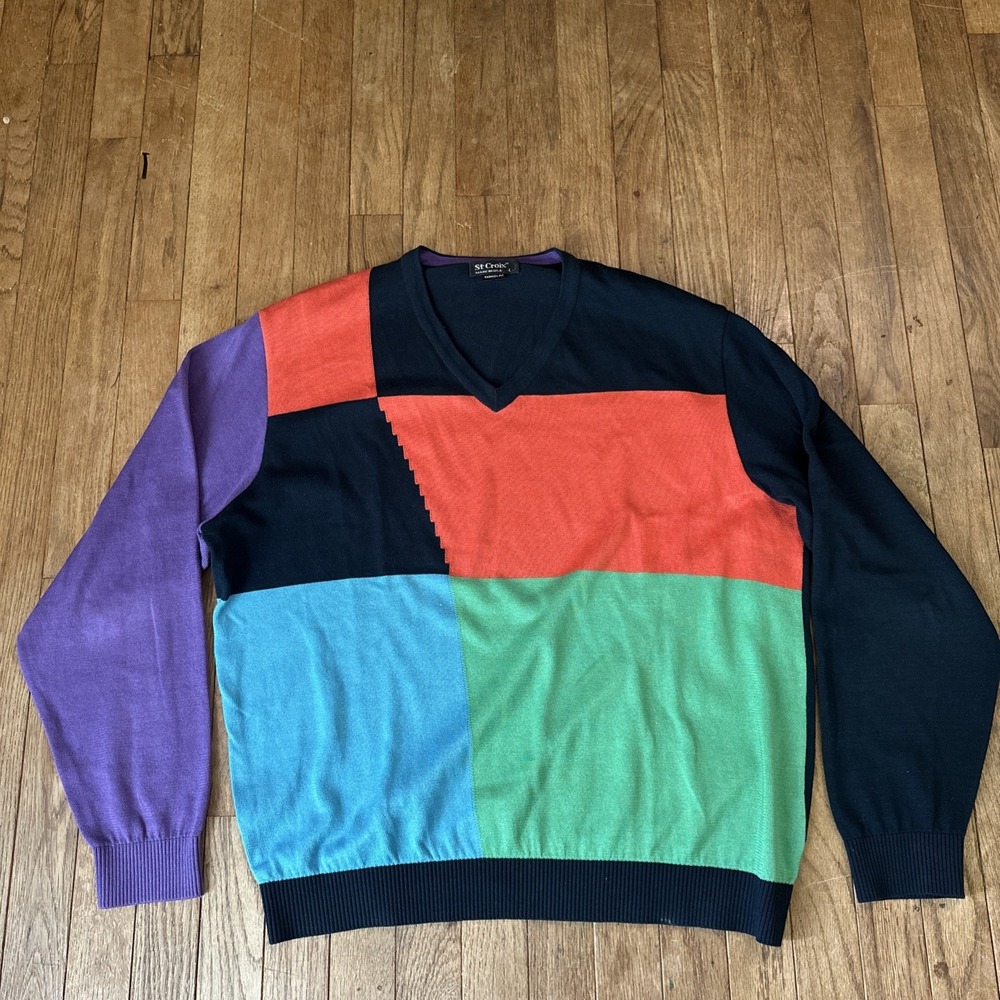 Vintage St‎ Croix Knit V-Neck Geometric 80s Mens Size Large Blue Orange Purple